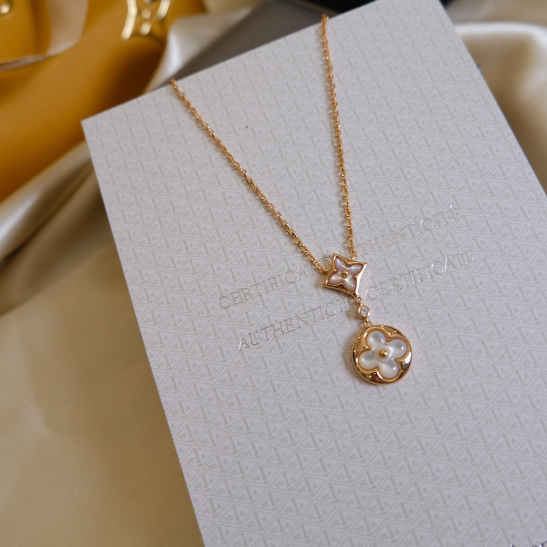 [Aurora]STAR AND SUN WHITE MOP 2 MOTIF PINK GOLD NECKLACE