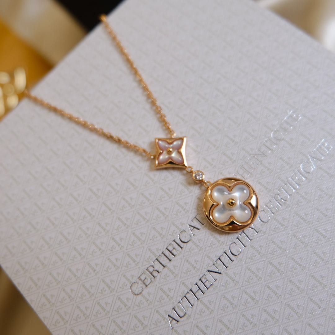 [Aurora]STAR AND SUN WHITE MOP 2 MOTIF PINK GOLD NECKLACE