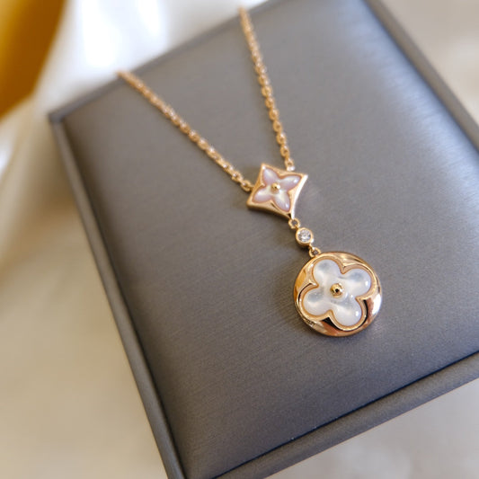 [Aurora]STAR AND SUN WHITE MOP 2 MOTIF PINK GOLD NECKLACE
