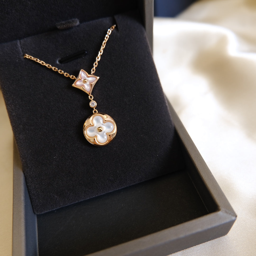 [Aurora]STAR AND SUN WHITE MOP 2 MOTIF PINK GOLD NECKLACE