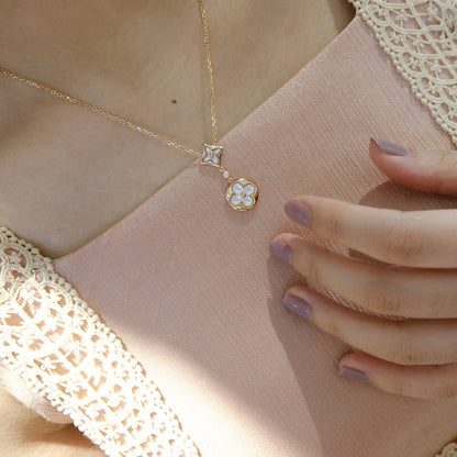 [Aurora]STAR AND SUN WHITE MOP 2 MOTIF PINK GOLD NECKLACE