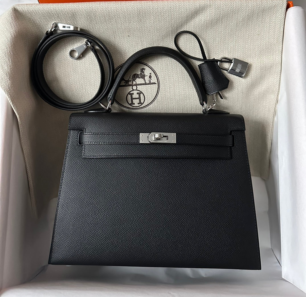 HM KELLY 25CM BLACK EPSOM SILVER HARDWARE
