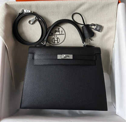 HM KELLY 25CM BLACK EPSOM SILVER HARDWARE