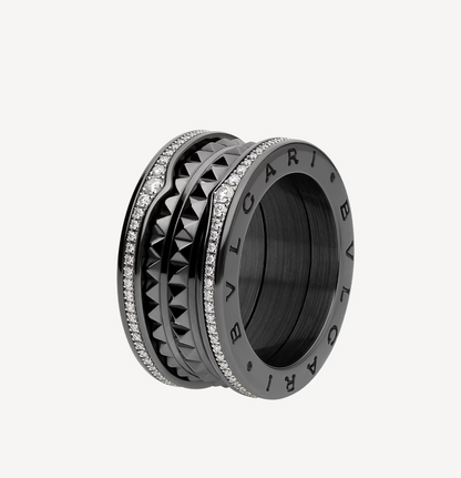 [AURORA]ZERO 1 ROCK 4バンド ブラックセラミック スタッズスパイラル＆パヴェダイヤモンドリング