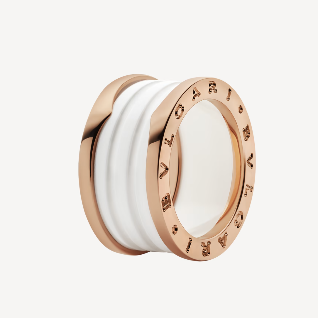 [AURORA]ZERO 1 RING AUS ROTGOLD MIT VIER BANDSCHLEIFEN UND WEISSER KERAMIKSPIRALE