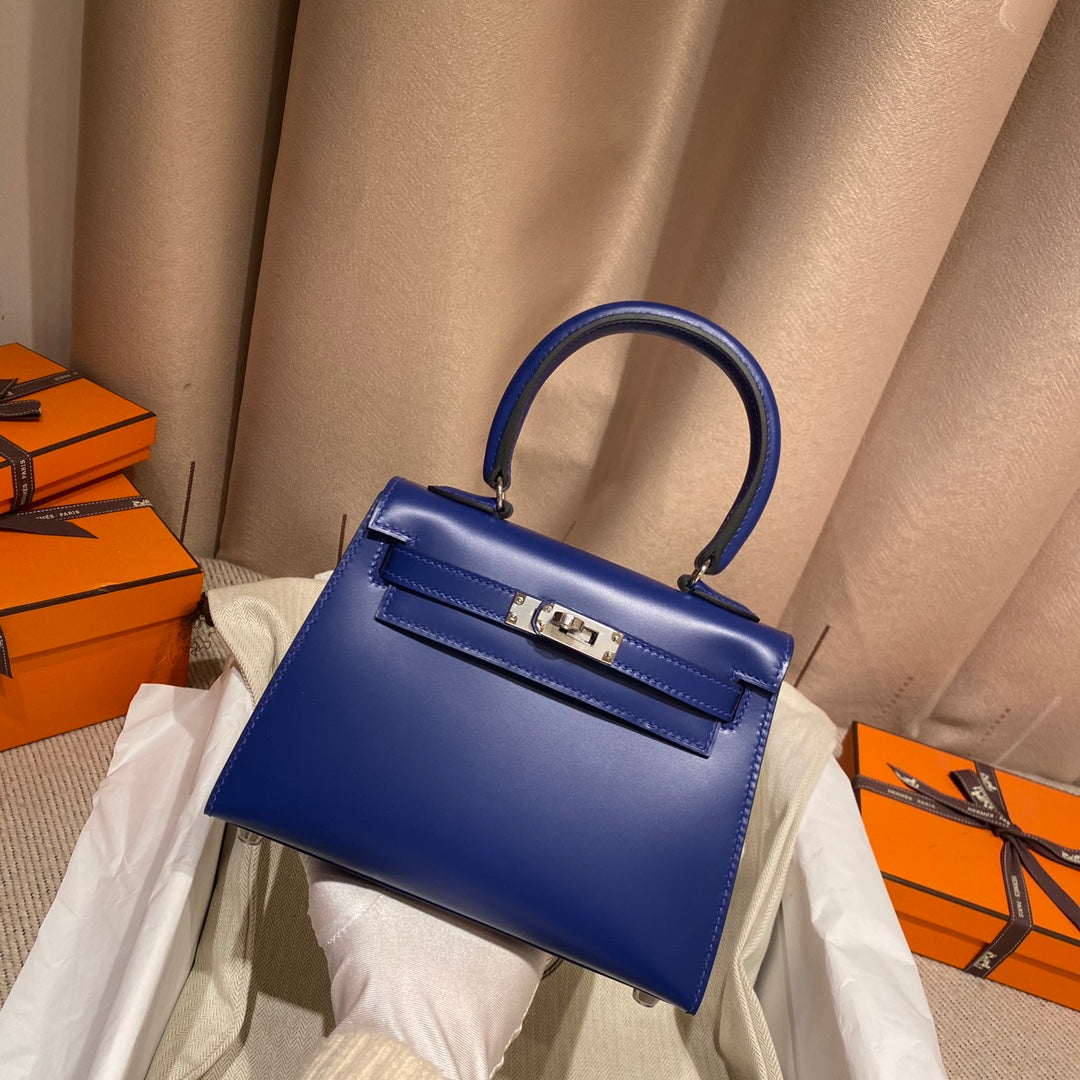 KELLY MINI 20 BAG IN NAVY BLUE SMOOTH CALFSKIN WITH SILVER HARDWARE (MADE-TO-ODER)