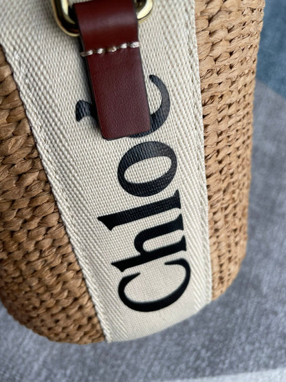 SMALL WOODY BASKET 17 IN NATURAL FIBERS BEIGE WEBBING DARK BROWN CALFSKIN
