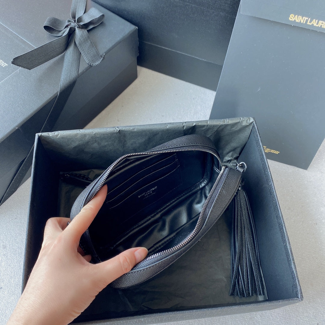 LOU MINI CAMERA BAG 19 IN BLACK CAVIAR PATTERN CALFSKIN BLACK HARDWARE