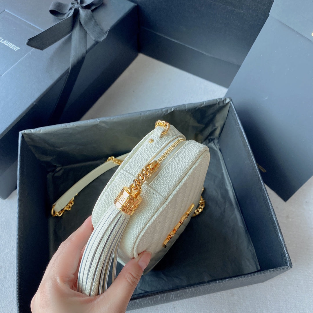 LOU MINI CAMERA BAG 19 IN WHITE CAVIAR PATTERN CALFSKIN GOLD HARDWARE
