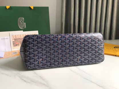 CHIEN GRIS BAG 33 IN NAVY BLUE GOYARDINE CANVAS AND TAN CALFSKIN TRIM