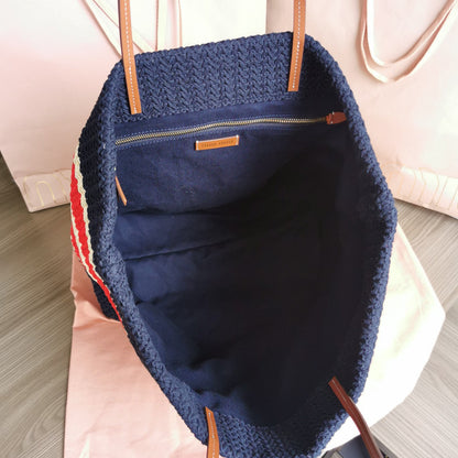 TOTE BAG 40 IN STRIPED PATTERN OF BLACK RED AND CREAM WHITE WOVEN RAFFIA
