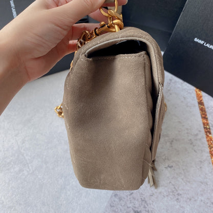 COLLEGE TASSEL 24 IN LIGHT FAWN SUEDE GOLD HARDWARE