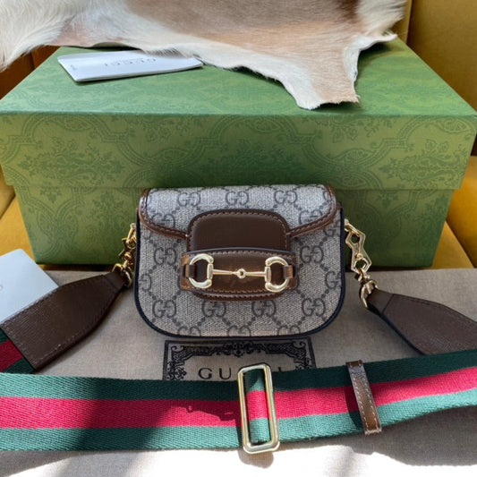 GG 12 HORSEBIT 1955 SUPER MINI BAG BEIGE CANVAS AND EBONY CALFSKIN