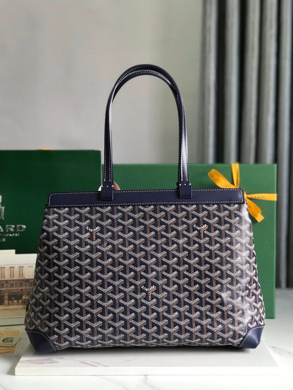 BELLECHASSE BIAUDE PM BAG 36 IN NAVY BLUE GOYARDINE CANVAS AND CALFSKIN TRIM