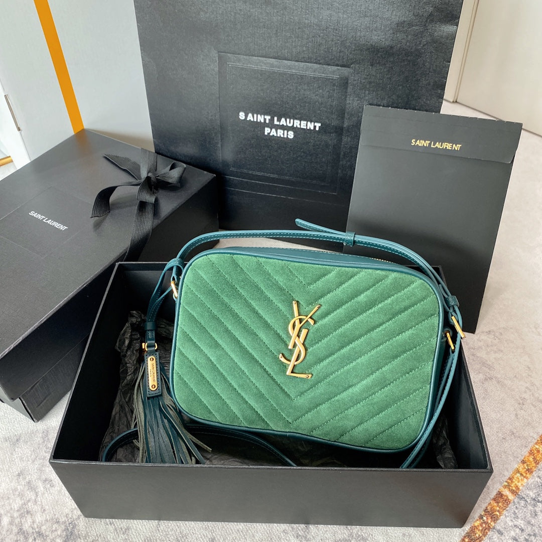 LOU CAMERA BAG 23 IN GREENISH SUEDE AND CALFSKIN TRIM