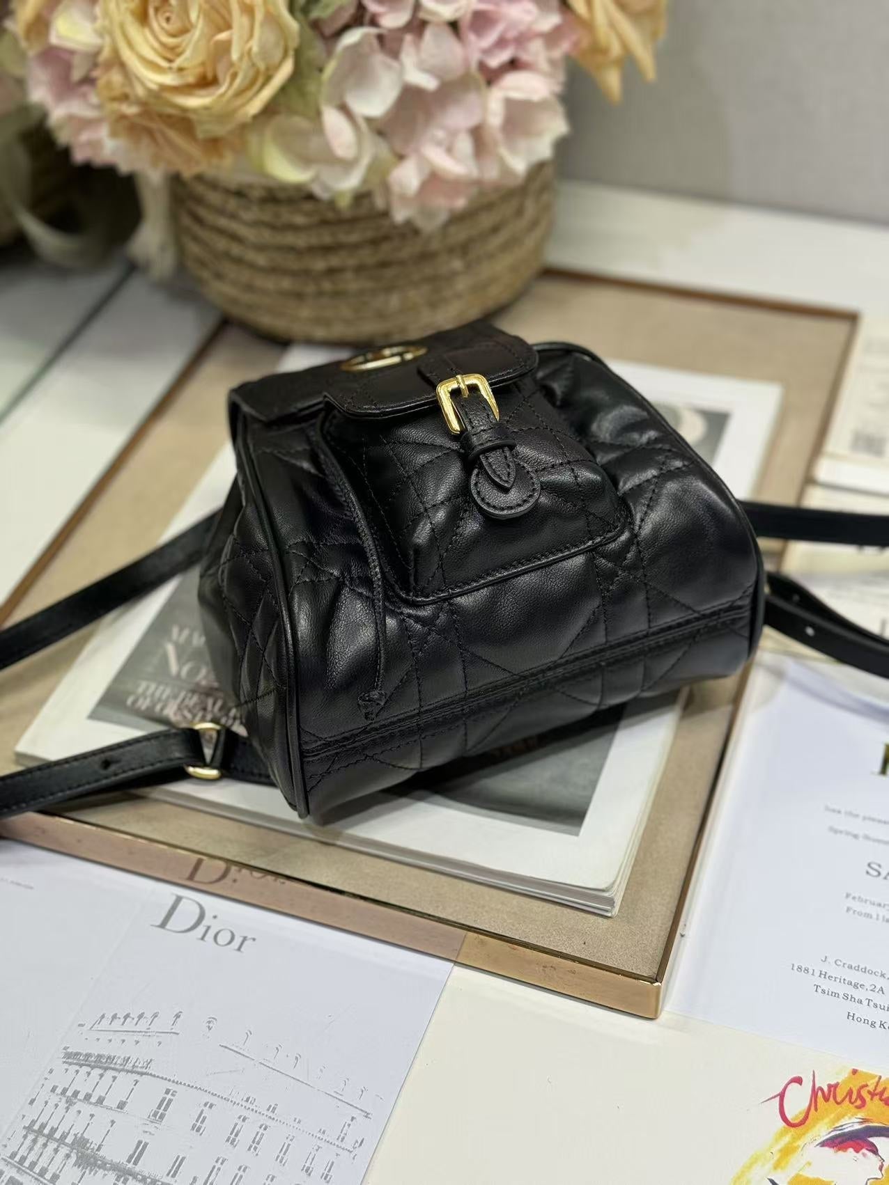 SMALL CARO BACKPACK 20 IN BLACK MACROCANNAGE LAMBSKIN