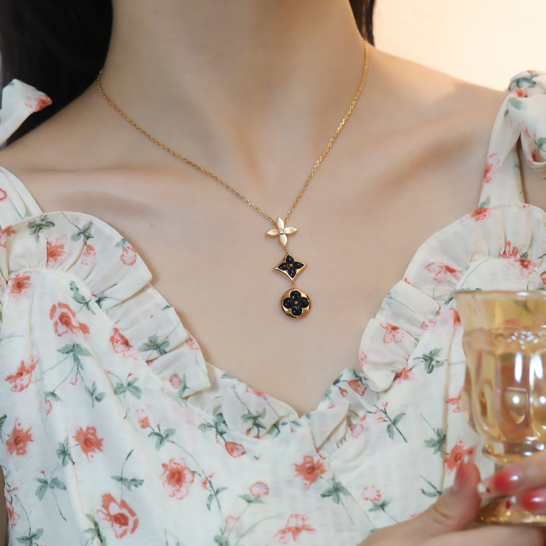 [Aurora]STAR AND SUN ONYX PINK GOLD NECKLACE