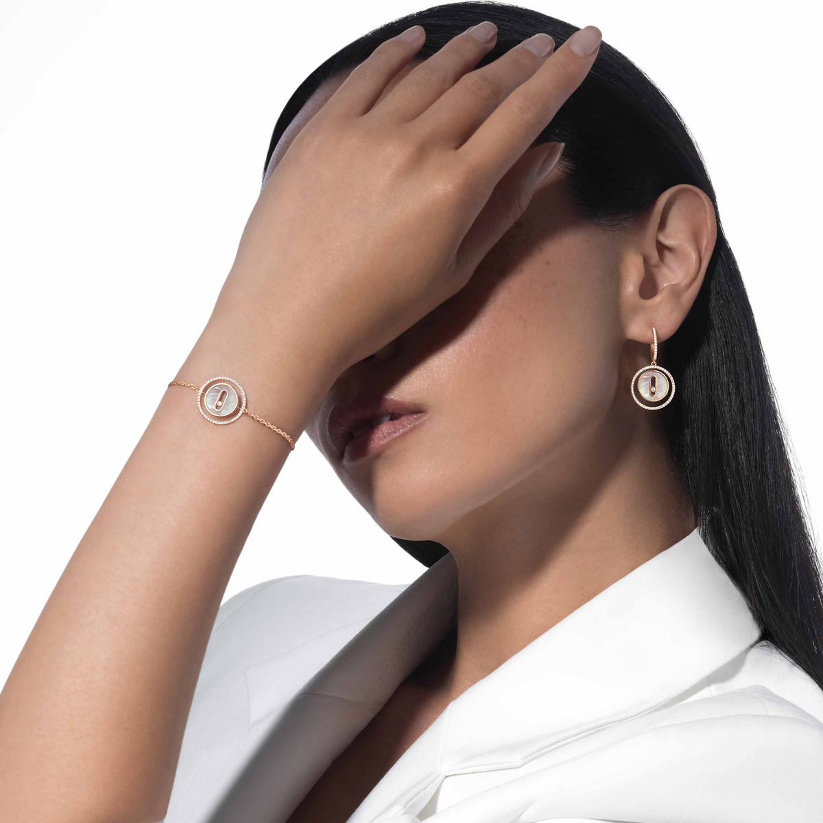 [AURORA]LUCKY MOVE WHITE MOTHER OF PEARL PINK GOLD DIAMOND BRACELET