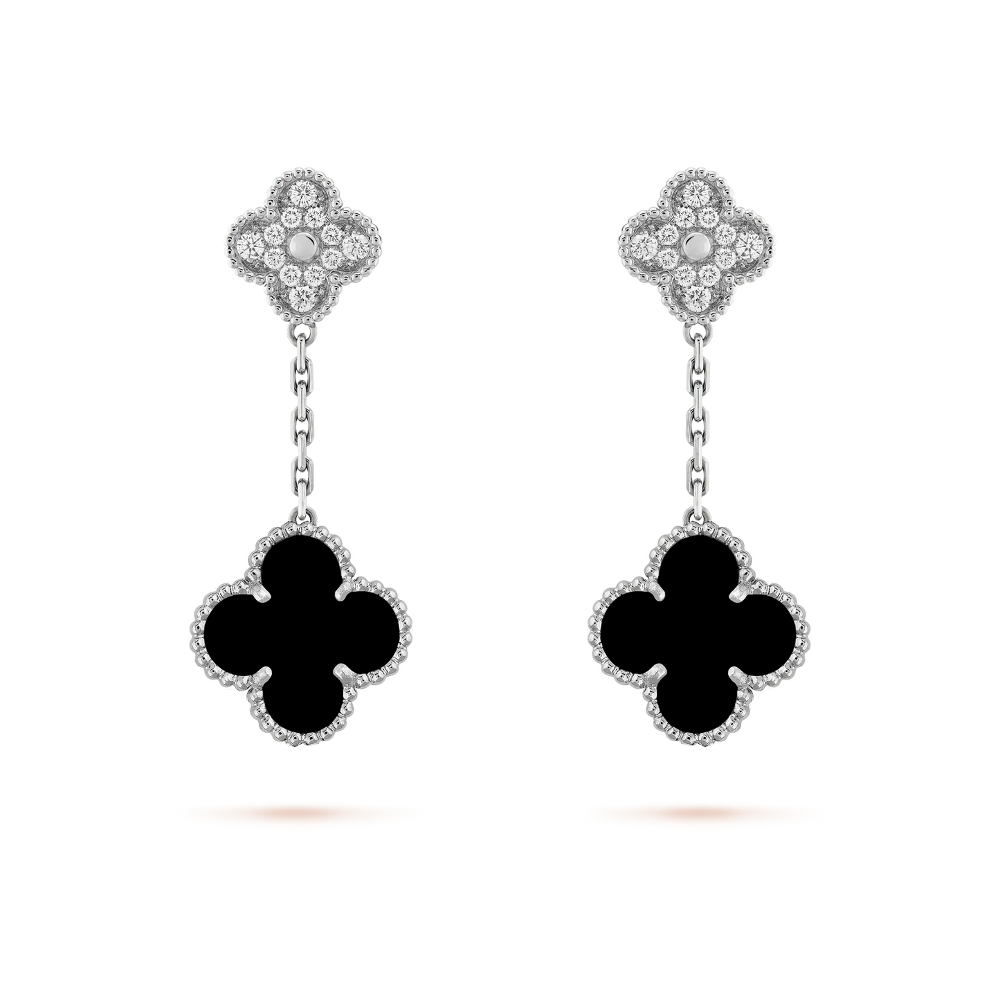 [Aurora]CLOVER 2 MOTIFS  DIAMOND ONYX EARRINGS SILVER