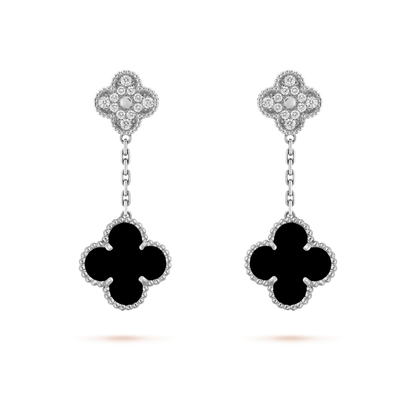 [Aurora]CLOVER 2 MOTIFS  DIAMOND ONYX EARRINGS SILVER