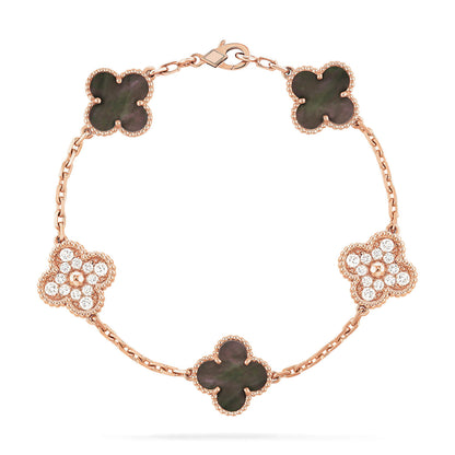 [Aurora]CLOVER 5 MOTIFS DARK MOP AND DIAMONDS PINK GOLD BRACELET