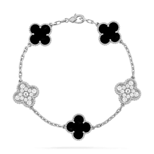 [Aurora]CLOVER 5 MOTIF ONYXS DIAMOND BRACELET SILVER