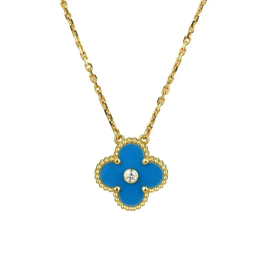 [Aurora]CLOVER 15MM DIAMOND AND BLUE AGATE NECKLACE