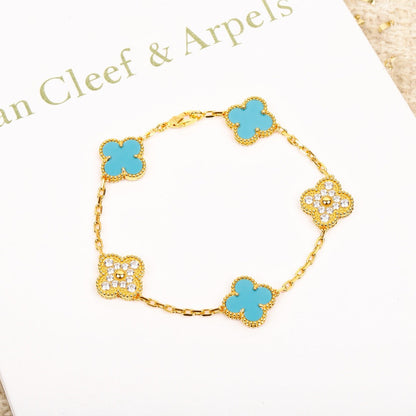 [Aurora]CLOVER 5 MOTIF TURQUOISE DIAMOND GOLD BRACELET