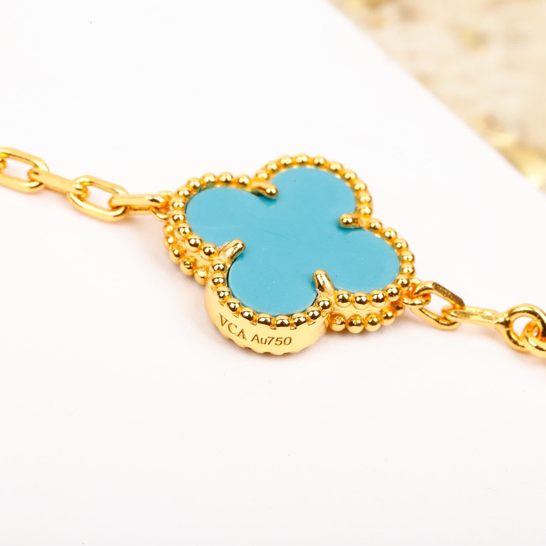 [Aurora]CLOVER 5 MOTIF TURQUOISE DIAMOND GOLD BRACELET