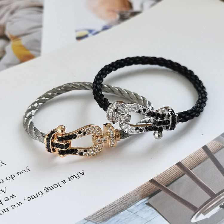 [AURORA]フォース ラージホースシュー ブラック ホワイト ダイヤモンド ブレスレット シルバー