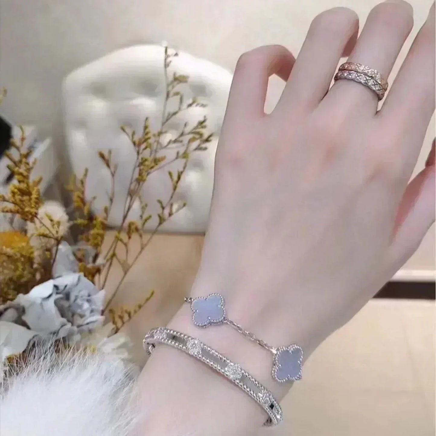 [Aurora]CLOVER  5 MOTIF PURPLE CHALCEDONY BRACELET SILVER