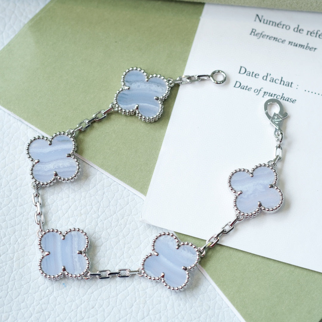 [Aurora]CLOVER  5 MOTIF PURPLE CHALCEDONY BRACELET SILVER