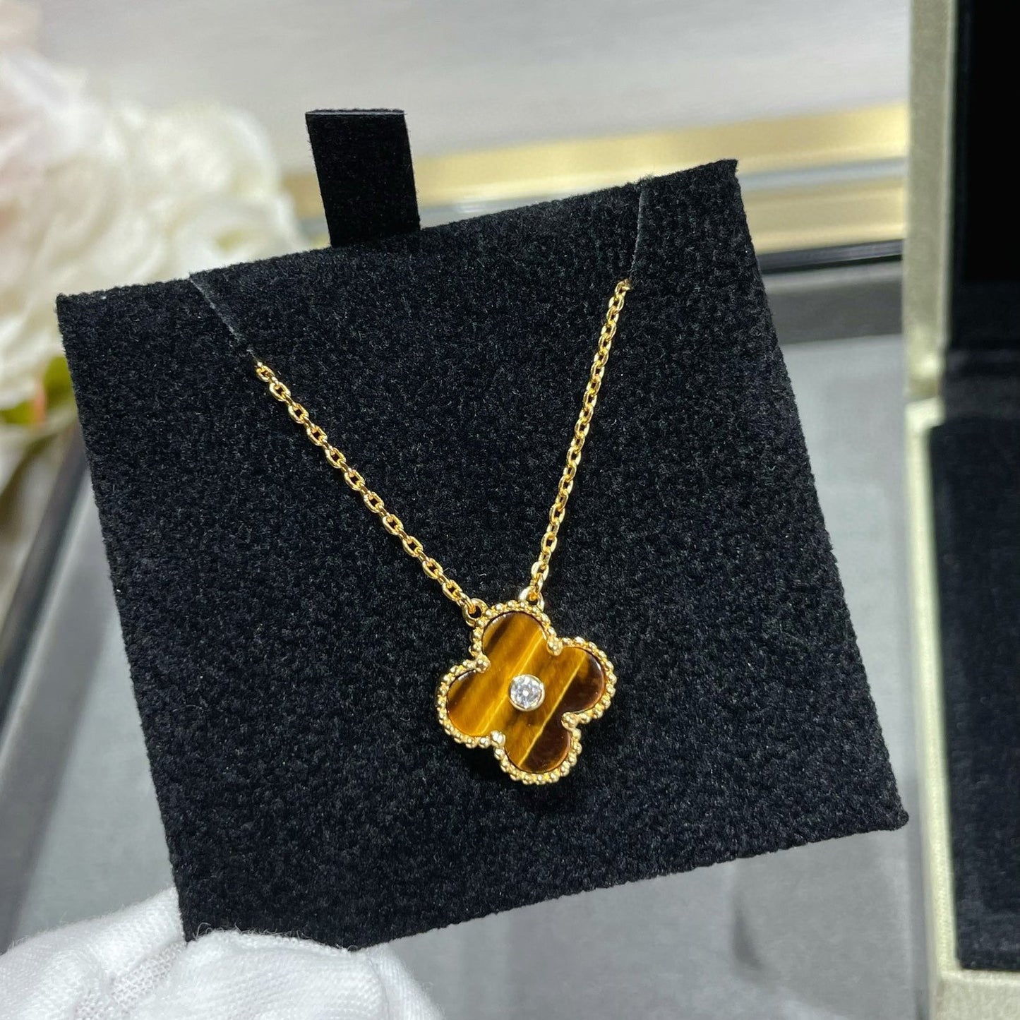[BasloveJW]CLOVER 15MM DIAMANT UND GELB TIGERAUGE ACHAT halskette