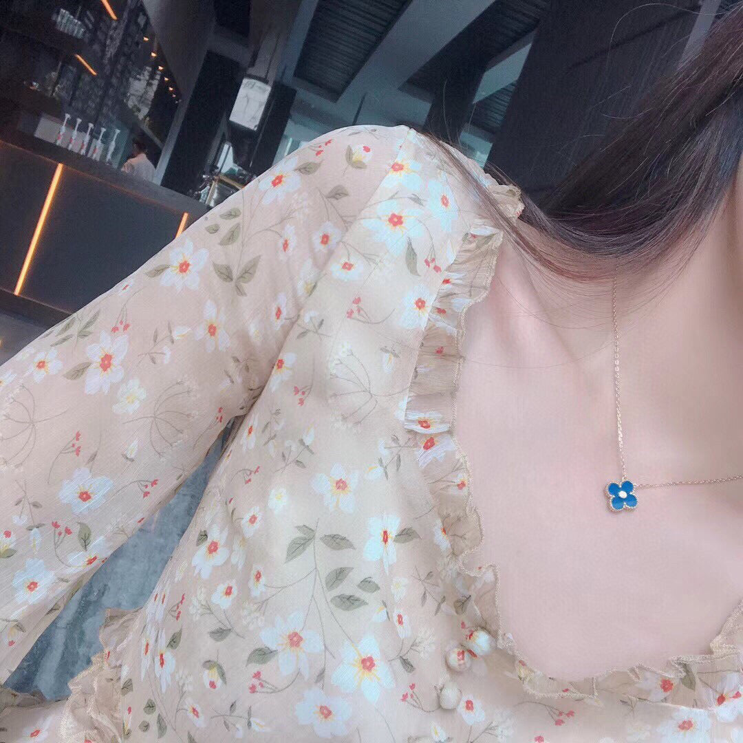 [Aurora]CLOVER 15MM DIAMOND AND BLUE AGATE NECKLACE