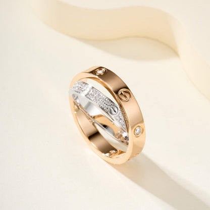 [AURORA]LOVE PINK GOLD SILVER DIAMOND DOUBLE RING