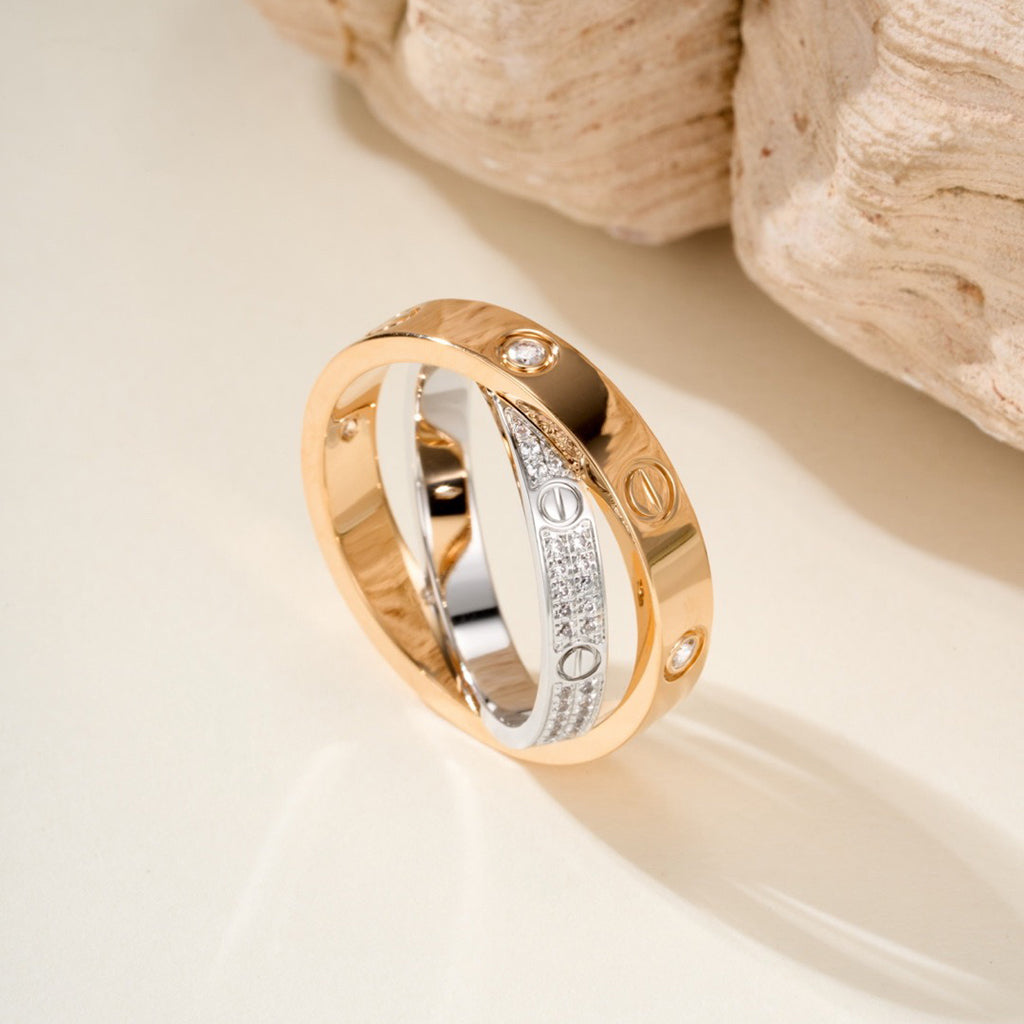 [AURORA]LOVE PINK GOLD SILVER DIAMOND DOUBLE RING