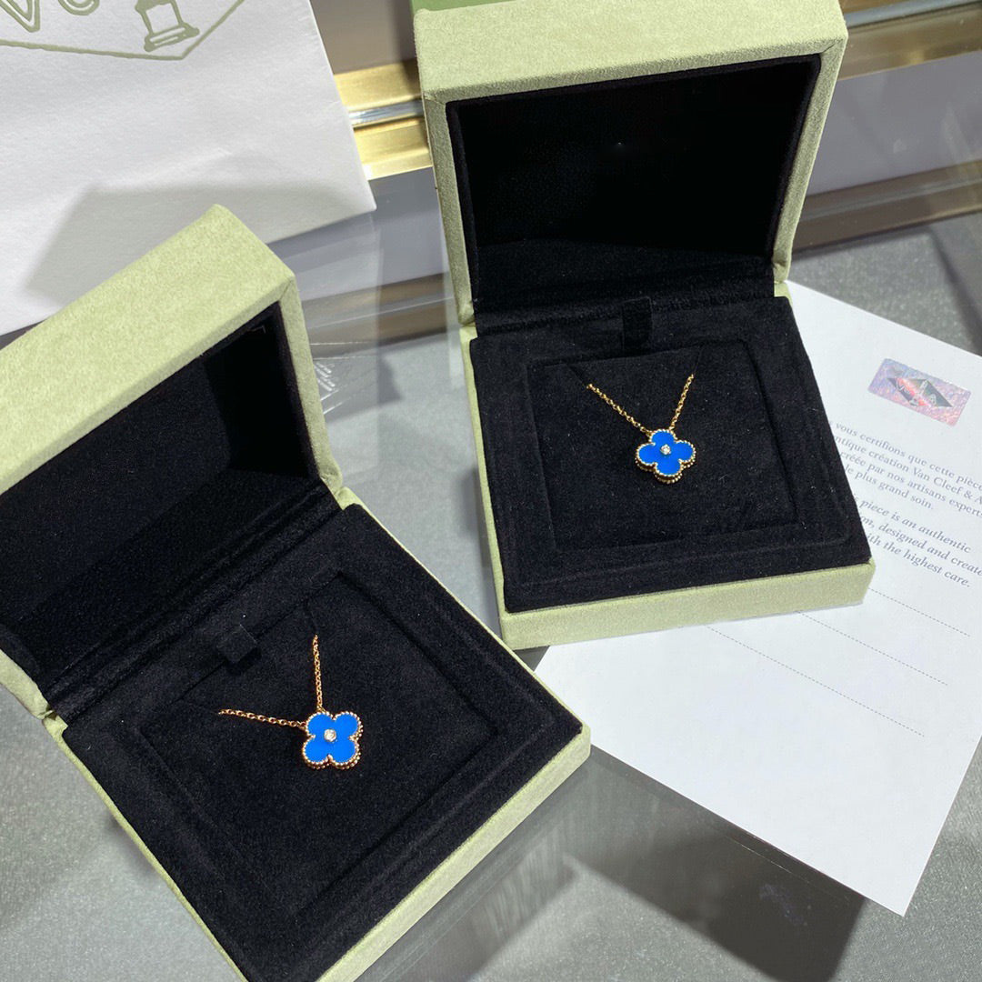 [Aurora]CLOVER 15MM DIAMOND AND BLUE AGATE NECKLACE