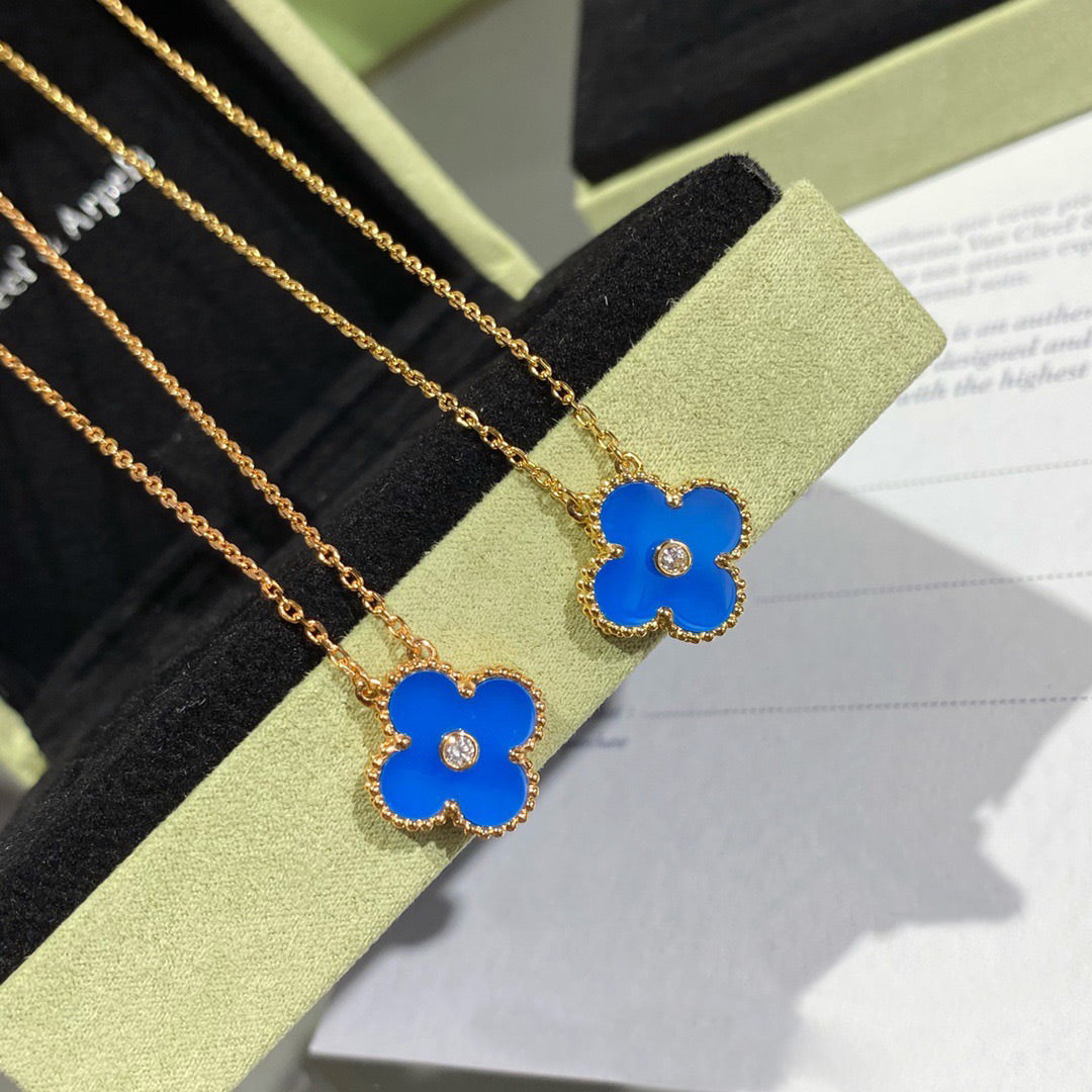 [Aurora]CLOVER 15MM DIAMOND AND BLUE AGATE NECKLACE
