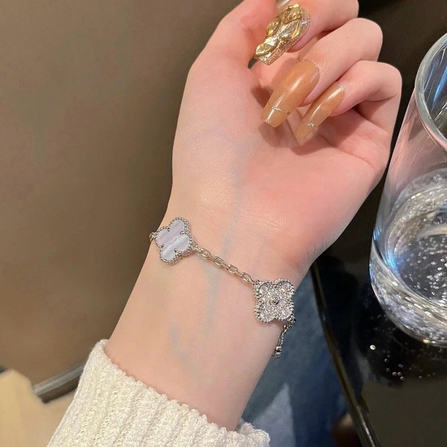 [Aurora]CLOVER  5 MOTIF DIAMOND PURPLE CHALCEDONY BRACELET SILVER