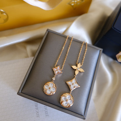 [Aurora]COLOR BLOSSOM LARIAT NECKLACE PINK GOLD WHITE MOTHER PEARL AND DIAMOND