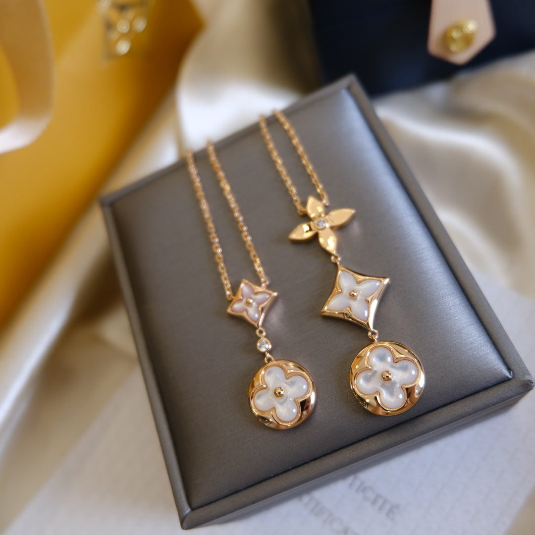[Aurora]COLOR BLOSSOM LARIAT NECKLACE PINK GOLD WHITE MOTHER PEARL AND DIAMOND