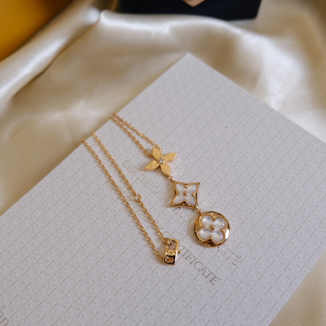 [Aurora]COLOR BLOSSOM LARIAT NECKLACE PINK GOLD WHITE MOTHER PEARL AND DIAMOND