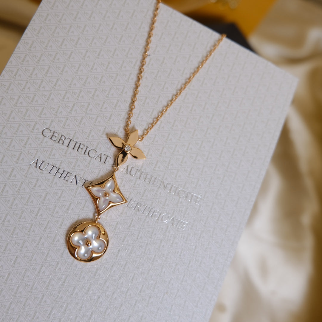 [Aurora]COLOR BLOSSOM LARIAT NECKLACE PINK GOLD WHITE MOTHER PEARL AND DIAMOND