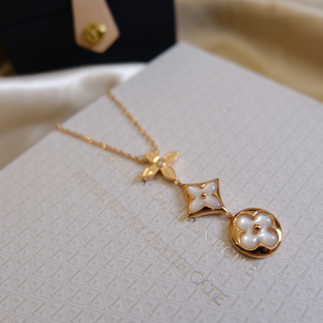 [Aurora]COLOR BLOSSOM LARIAT NECKLACE PINK GOLD WHITE MOTHER PEARL AND DIAMOND