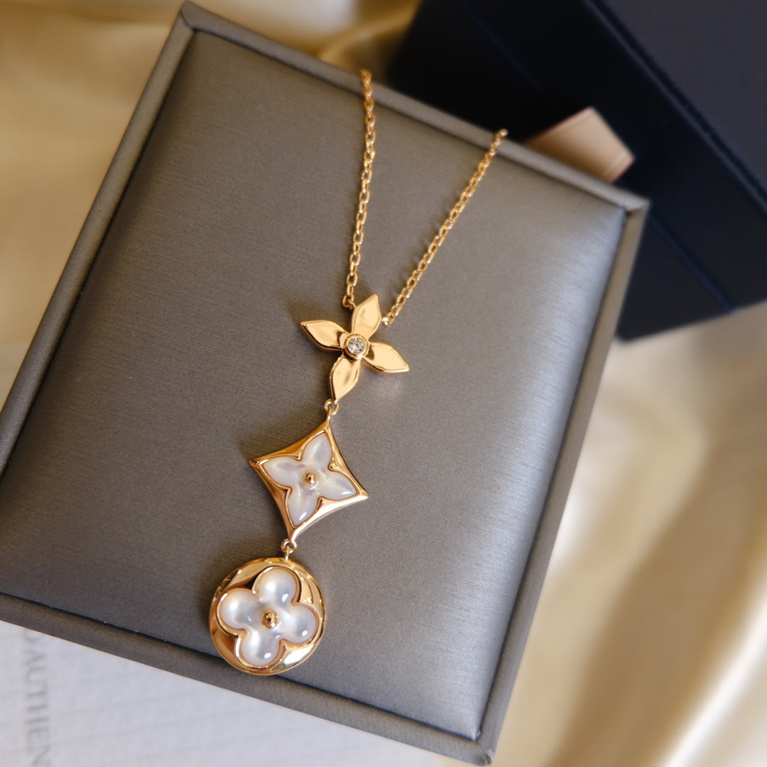 [Aurora]COLOR BLOSSOM LARIAT NECKLACE PINK GOLD WHITE MOTHER PEARL AND DIAMOND