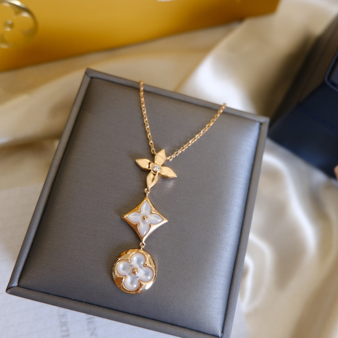 [Aurora]COLOR BLOSSOM LARIAT NECKLACE PINK GOLD WHITE MOTHER PEARL AND DIAMOND