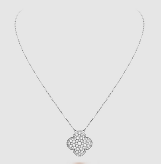[Aurora]CLOVER 25MM LARGE PENDANT DIAMOND PAVED SILVER NECKLACE