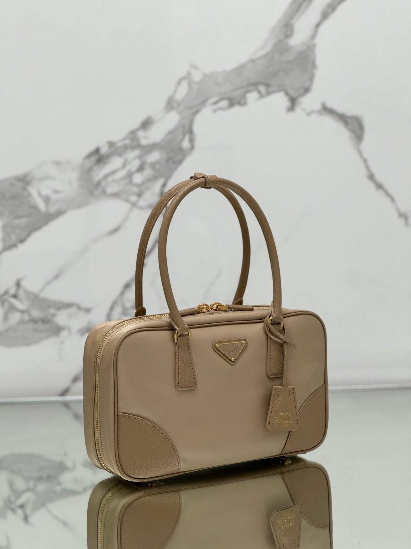 LARGE TOP HANDLE BAG 35 IN DRIED MOSS NYLON AND CALFSKIN TRIM