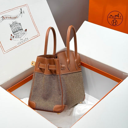 QUADRILLE BIRKIN 30CM IN GOLD SWIFT CALFSKIN AND BLACK/WHITE/BROWN TOILE CANVAS