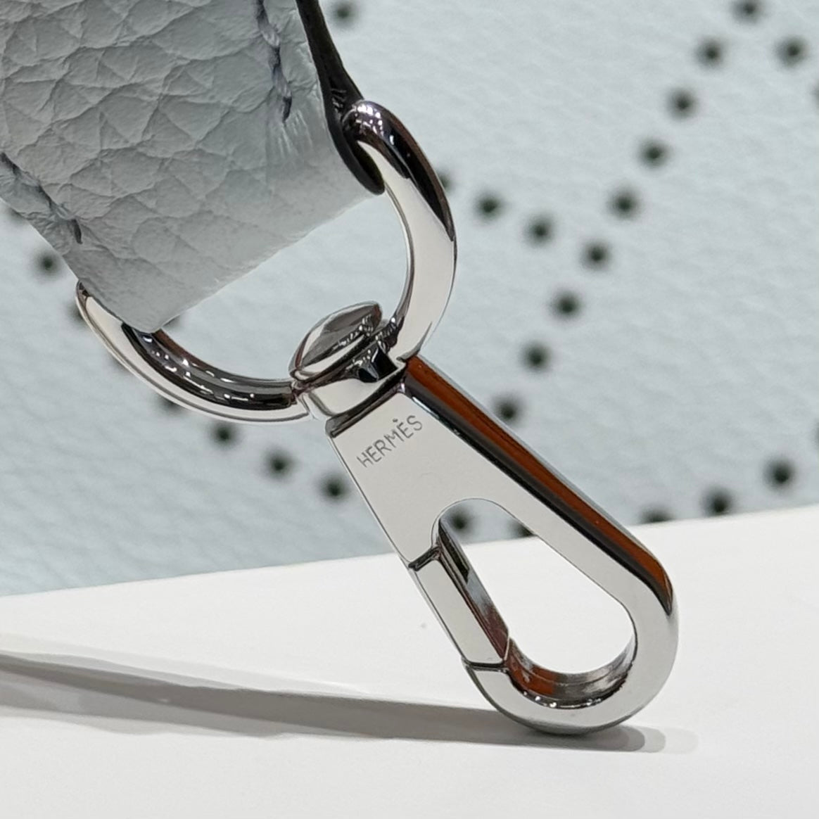 HERMES 25S MINI EVELYNE 18 IN MIST BLUE PATTERNED STRAP CALFSKIN SILVER HARDWARE